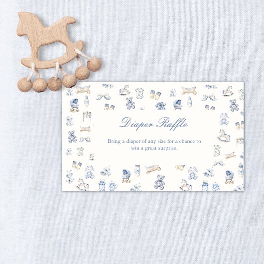 Toile De Jouy Baby Shower Blue Bow Diaper Raffle エンクロージャーカード