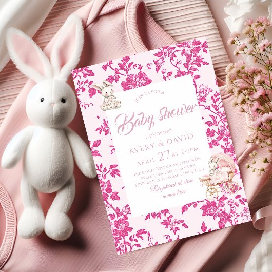 Toile de Jouy Baby Shower Dusty Pink Teddy Bear 招待状