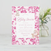 Toile de Jouy Baby Shower Dusty Pink Teddy Bear 招待状 (スタンド正面)