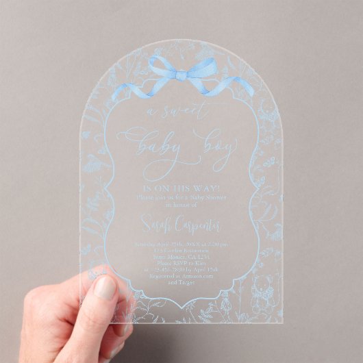 Toile De Jouy Baby Shower with Bow Boy AiNvitation アクリル招待状 (インサイチュ (ポータブル))