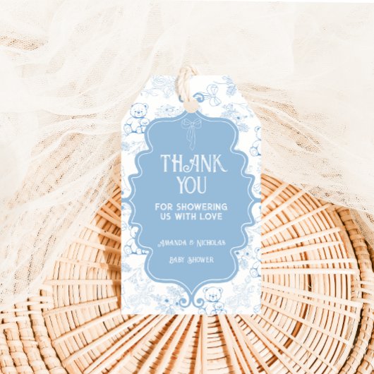 Toile De Jouy Bear Blueベビーシャワーありがとう ギフトタグ
