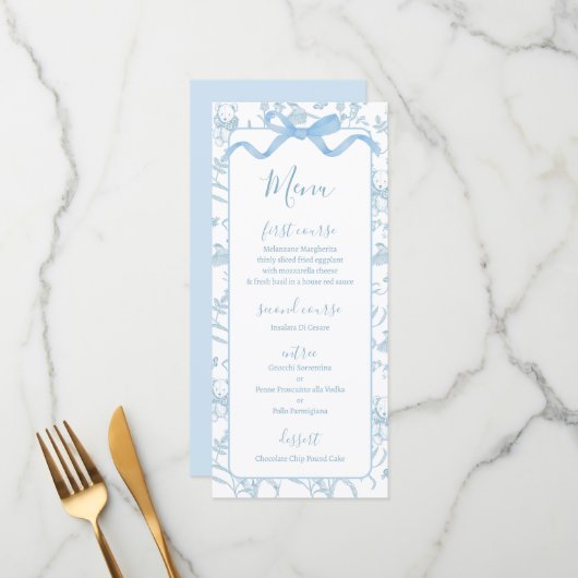 Toile de jouy Blue Baby Shower Boy Menu Card メニュー (正面/裏面インサイチュ)