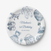 Toile De Jouy Blue Birthday Party ペーパープレート (正面)