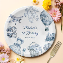 Toile De Jouy Blue Birthday Party ペーパープレート