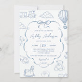 Toile De Jouy Blue Bow Baby Shower Party 招待状 (正面)