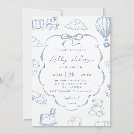 Toile De Jouy Blue Bow Baby Shower Party 招待状 (正面)
