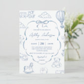 Toile De Jouy Blue Bow Baby Shower Party 招待状 (スタンド正面)