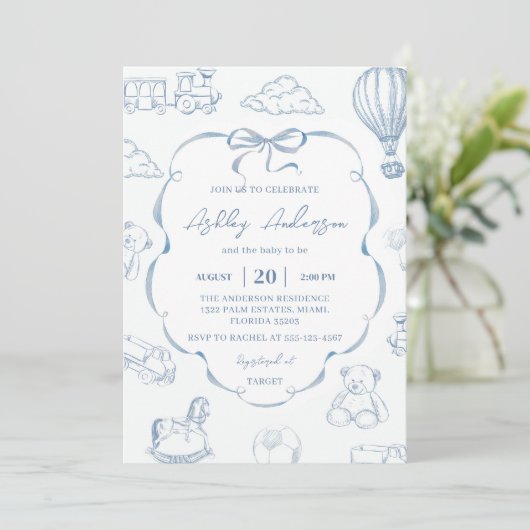 Toile De Jouy Blue Bow Baby Shower Party 招待状 (スタンド正面)