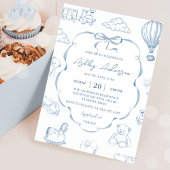Toile De Jouy Blue Bow Baby Shower Party 招待状