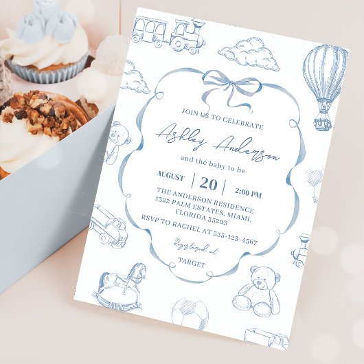 Toile De Jouy Blue Bow Baby Shower Party 招待状