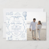 Toile De Jouy Blue Bow Baby Shower Party Photo  招待状 (正面)