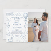 Toile De Jouy Blue Bow Baby Shower Party Photo  招待状 (正面)