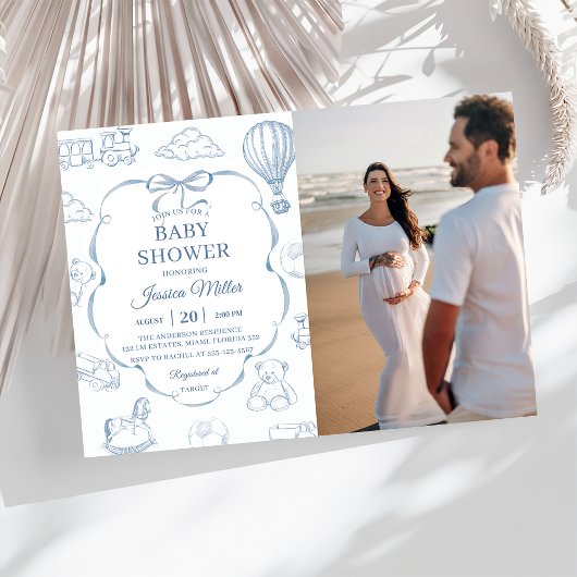 Toile De Jouy Blue Bow Baby Shower Party Photo  招待状