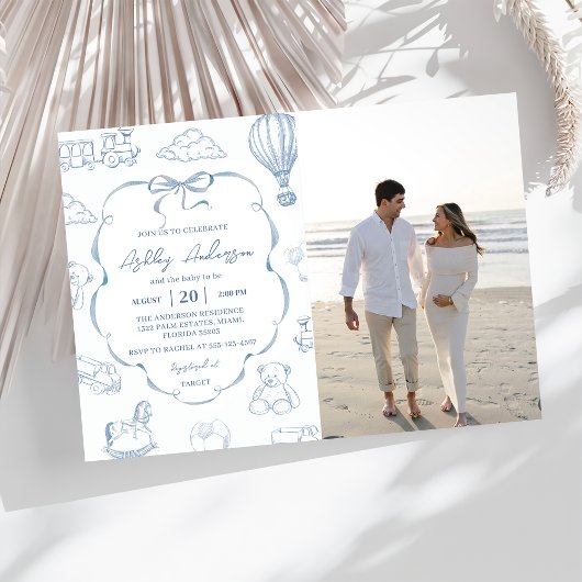 Toile De Jouy Blue Bow Baby Shower Party Photo  招待状