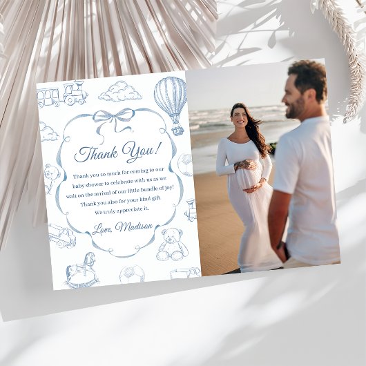 Toile De Jouy Blue Bow Baby Shower Thank You Card  招待状