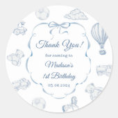 Toile De Jouy Blue Bow Birthday Party  ラウンドシール (正面)