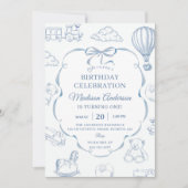 Toile De Jouy Blue Bow Birthday Party  招待状 (正面)