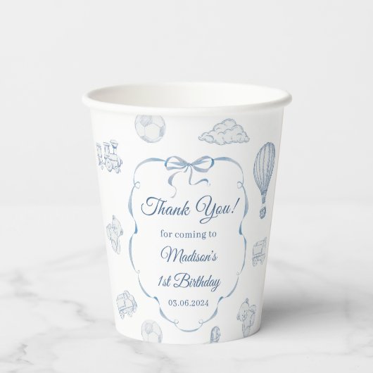 Toile De Jouy Blue Bow Birthday Party 紙コップ (裏面)