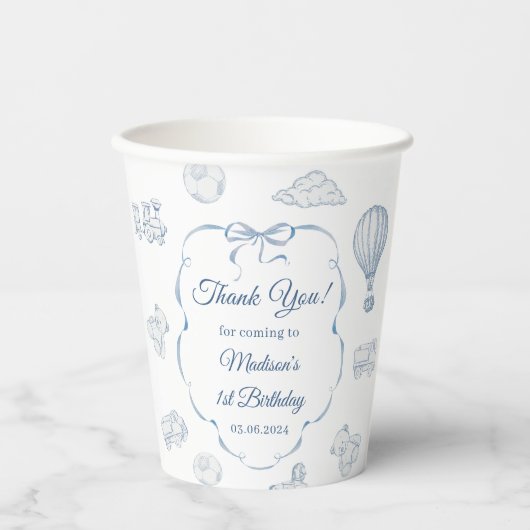 Toile De Jouy Blue Bow Birthday Party 紙コップ (正面)