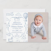 Toile De Jouy Blue Bow Birthday Party Photo 招待状 (正面)