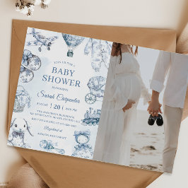Toile De Jouy Blue Boyベビーシャワーパーティー写真 招待状