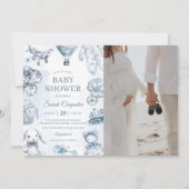 Toile De Jouy Blue Boyベビーシャワーパーティー写真 招待状 (正面)