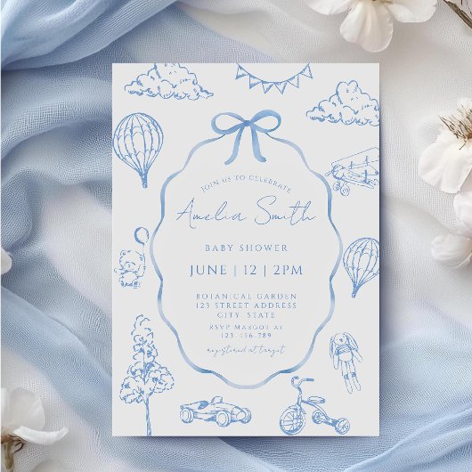 Toile De Jouy Blue Boy Baby Shower  招待状