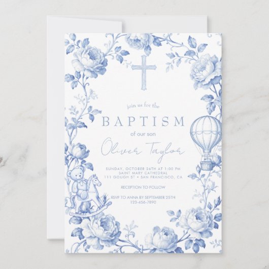 Toile De Jouy Blue Boy Baptism 招待状 (正面)
