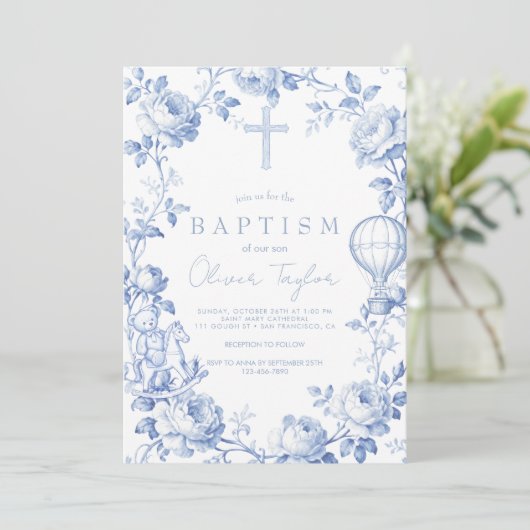 Toile De Jouy Blue Boy Baptism 招待状 (スタンド正面)