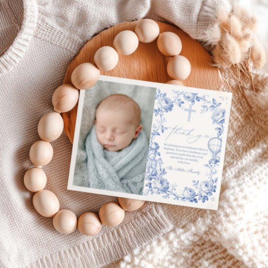 Toile De Jouy Blue Boy Baptism Thank You Card サンキューカード