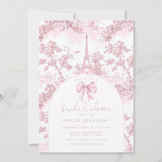 Toile de Jouy Bridal shower French Pink Bow Paris 招待状 (正面)