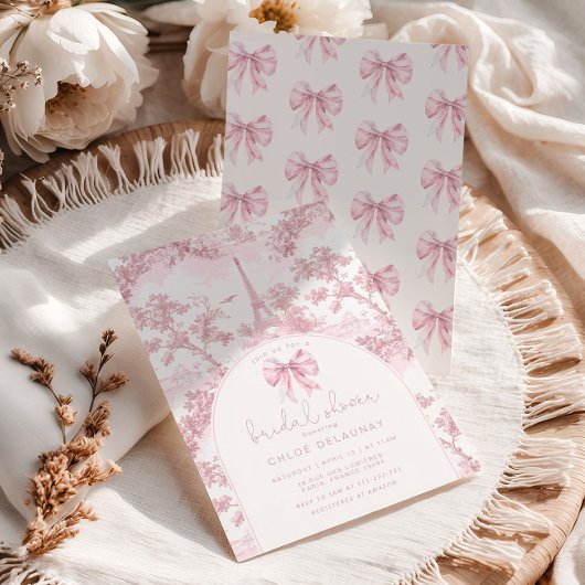 Toile de Jouy Bridal shower French Pink Bow Paris 招待状
