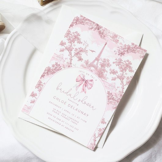 Toile de Jouy Bridal shower French Pink Bow Paris 招待状