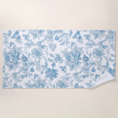 Toile-de-jouy Chinoiseries Blue Floral Pattern ビーチタオル (正面)