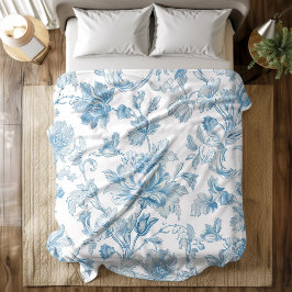 Toile-de-jouy Chinoiseries Blue Floral Pattern フリースブランケット