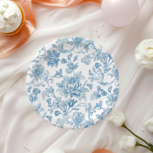 Toile-de-jouy Chinoiseries Blue Floral Pattern ペーパープレート
