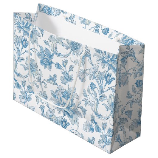 Toile-de-jouy Chinoiseries Blue Floral Pattern ラージペーパーバッグ (正面アングル)