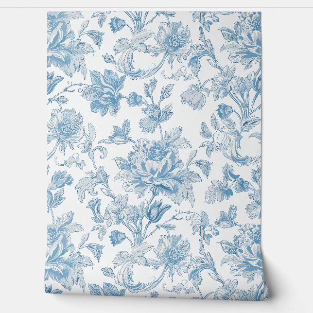 Toile-de-jouy Chinoiseries Blue Floral Pattern 壁紙 (ほどく)