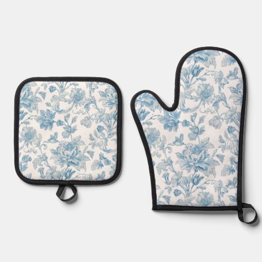 Toile-de-jouy Chinoiseries Blue Floral Pattern 鍋つかみ&鍋敷きセット (正面)
