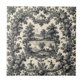 Toile De Jouy Countryside Floral Motif Monochrome  タイル