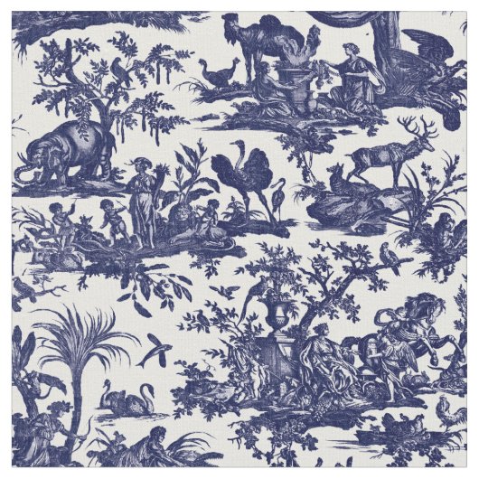 Toile de Jouy Four Parts Of The World blue pattern ファブリック (クローズアップ)