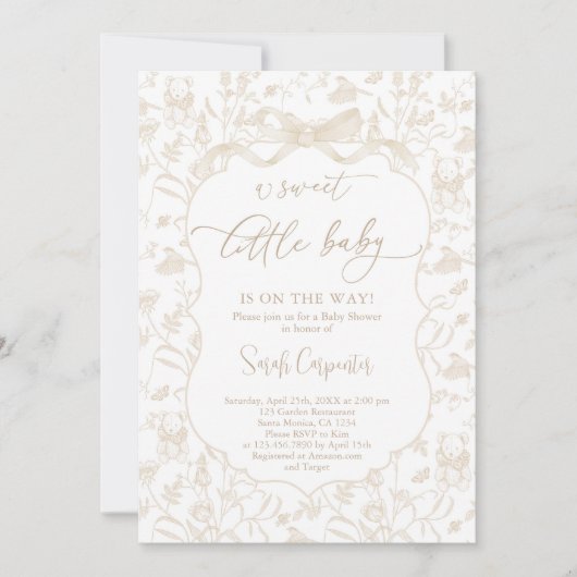 Toile De Jouy Neutral Baby Shower with Bow 招待状 (正面)