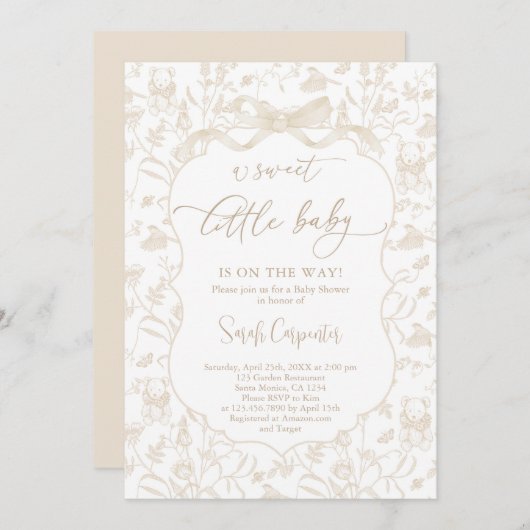 Toile De Jouy Neutral Baby Shower with Bow 招待状 (正面/裏面)