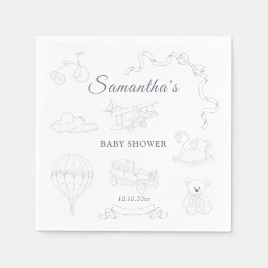 Toile de Jouy Nursery Baby Shower スタンダードカクテルナプキン (正面)