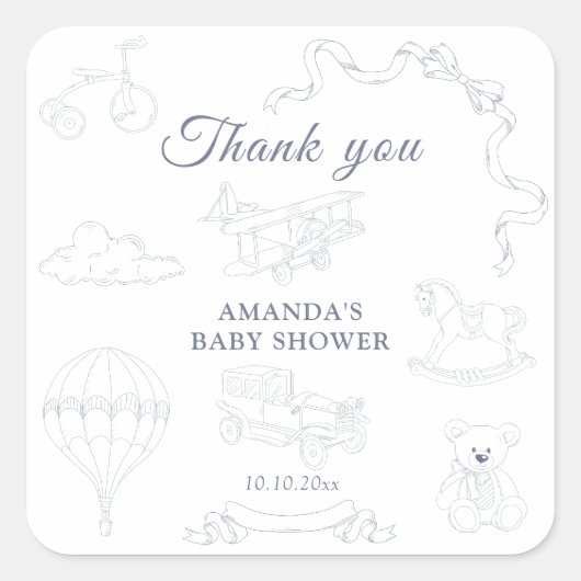 Toile de Jouy Nursery Baby Shower Thank you スクエアシール (正面)