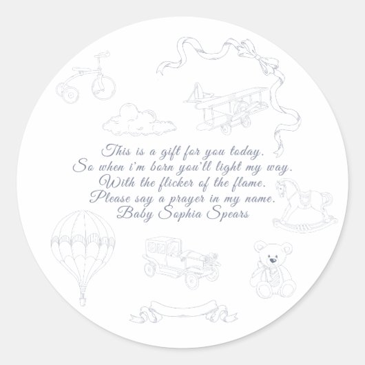 Toile de Jouy Nursery Prayer Candle ラウンドシール (正面)