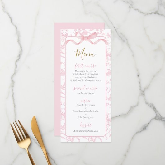 Toile de jouy Pink Baby Shower Girl Menu Card メニュー (正面/裏面インサイチュ)