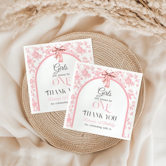 Toile de Jouy Pink Bow First 1st Birthday Decor スタンダードランチョンナプキン