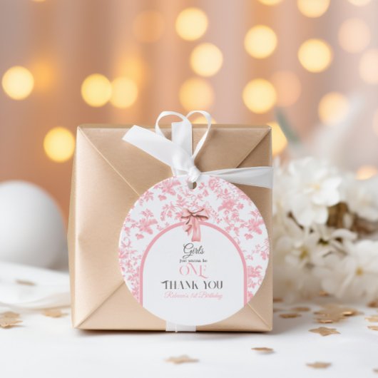 Toile de Jouy Pink Bow First 1st Birthday Decor フェイバータグ