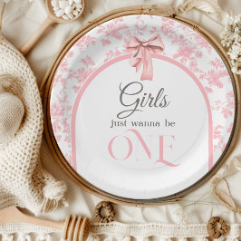 Toile de Jouy Pink Bow First 1st Birthday Decor ペーパープレート